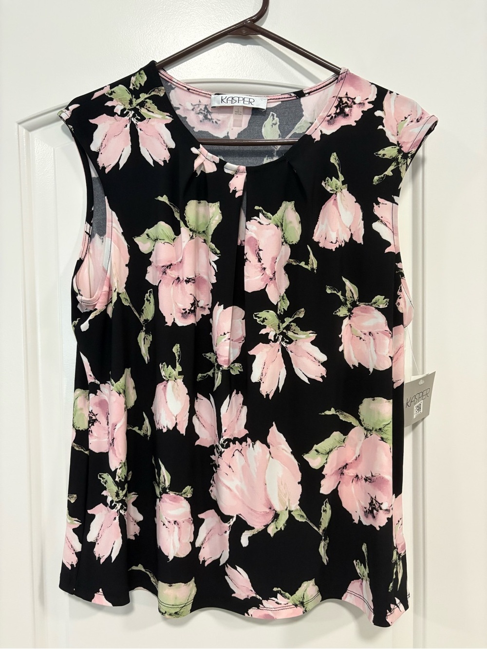 Kasper Black Sleeveless Floral Top with Pink Blossoms